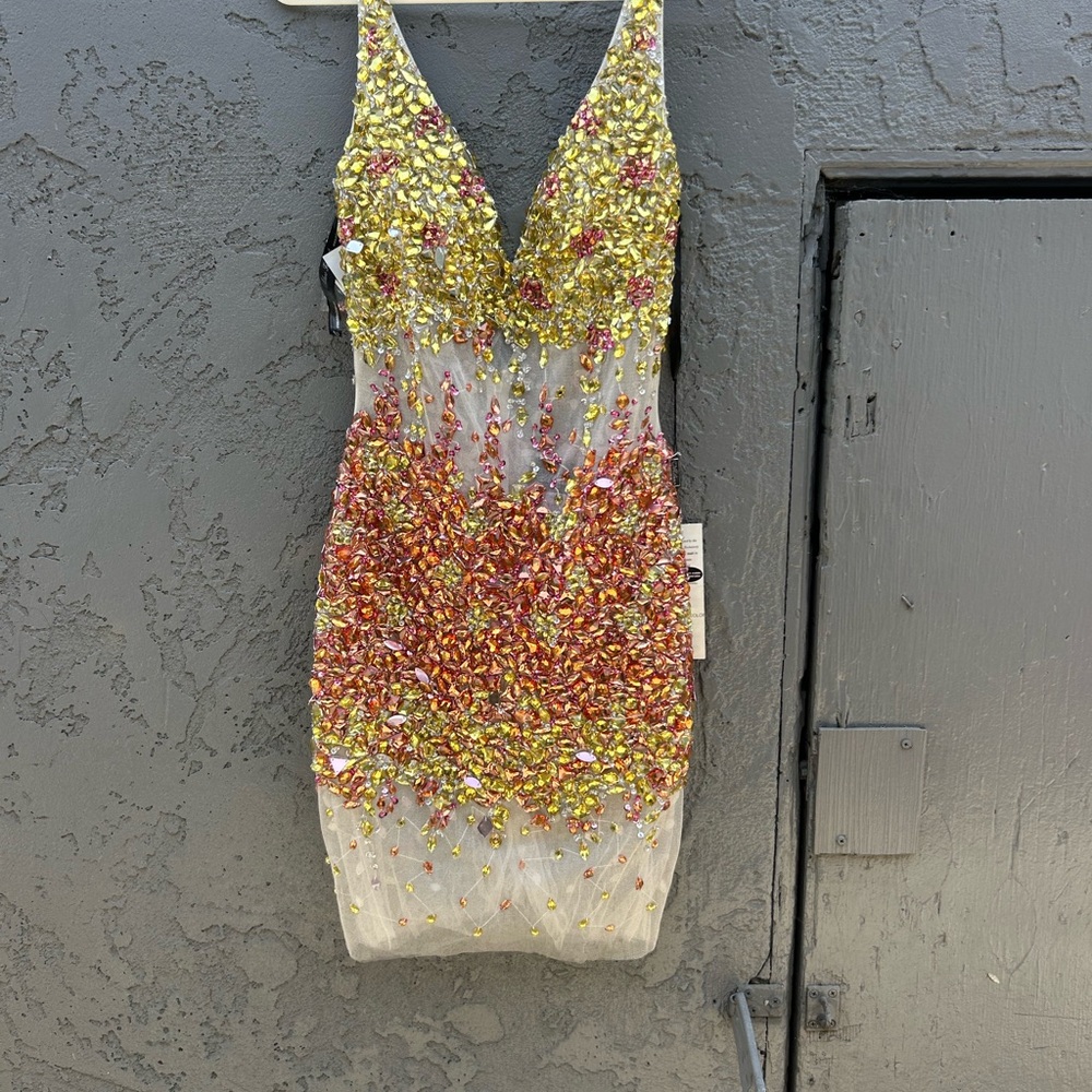 Elegant Sequin Embellished Dress - Gold and Pink